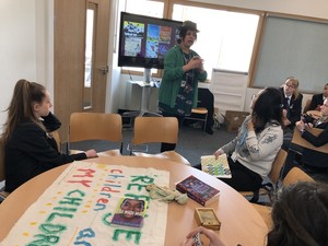 Author Sita Brahmachari with students in workshop at St Mary Magdalene Academy Islington, World Book Day 2019